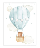 Bear in Teal Hot Air Balloon with Stars and Moon Watercolor Nursery Decor Unframed Print