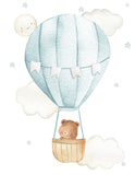 Bear in Teal Hot Air Balloon with Stars and Moon Watercolor Nursery Decor Unframed Print