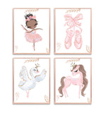 African American Ballerina, Swan and Horse Pink Watercolor Ballet Nursery Little Girls Room Decor Unframed Set of 4 Prints