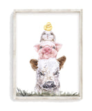 Peekaboo Farm Animal Stack Watercolor Rustic Nursery Decor Unframed Print, Cow, Pig, Bunny Rabbit and Chicken