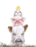 Peekaboo Farm Animal Stack Watercolor Rustic Nursery Decor Unframed Print, Cow, Pig, Bunny Rabbit and Chicken