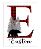 Personalized Woodland Bear Buffalo Plaid Baby Boy Nursery Decor Wall Art Print - Baby Name Letter Initial Monogram Rustic Outdoor Theme