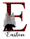Personalized Woodland Bear Buffalo Plaid Baby Boy Nursery Decor Wall Art Print - Baby Name Letter Initial Monogram Rustic Outdoor Theme