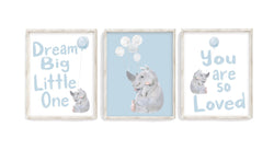 Watercolor Baby Rhinoceros Nursery Art Decor Set of 3 Unframed Prints in Blue Dream Big Little One, You Are So Loved