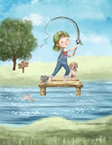 Watercolor Little Boy Fishing with Puppy Dog Nursery Little Boys Room Unframed Print, Rustic Outdoor Themed Decor