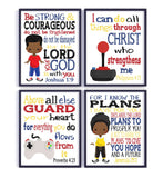 African American Gaming Little Boy Christian Nursery Decor Set of 4 Unframed Prints with Bible Verses