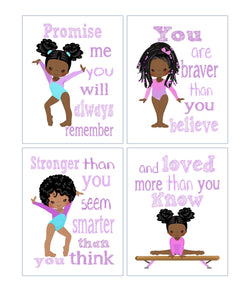 African American Gymnast Nursery Decor Set of 4 Unframed Prints Prints You Are Braver, Stronger, Smarter and Loved in Purple