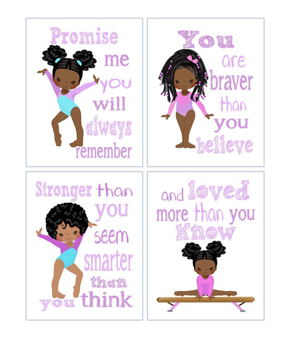 African American Gymnast Nursery Decor Set of 4 Unframed Prints Prints You Are Braver, Stronger, Smarter and Loved in Purple