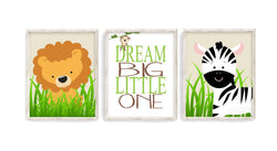 Safari Animals Nursery Decor Set of 3 Unframed Prints - Monkey, Zebra and Lion - Dream Big Little One - Gender Neutral Jungle Baby