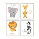 Safari Animals Nursery Decor Set of 4 Unframed Prints Elephant Dream Big, Giraffe Stand Tall, Zebra Be Yourself, Lion Be Brave