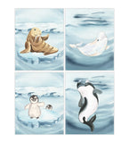 Watercolor Arctic Polar Animals Nursery Decor Set of 4 Unframed Prints, Walrus, Penguin, Orca, Beluga Whale