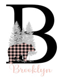 Personalized Woodland Bear Buffalo Plaid Baby Girl Nursery Decor Wall Art Print - Baby Name Letter Initial Monogram Rustic Outdoor Theme