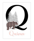 Personalized Woodland Bear Buffalo Plaid Baby Girl Nursery Decor Wall Art Print - Baby Name Letter Initial Monogram Rustic Outdoor Theme