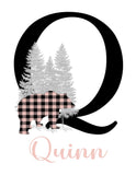 Personalized Woodland Bear Buffalo Plaid Baby Girl Nursery Decor Wall Art Print - Baby Name Letter Initial Monogram Rustic Outdoor Theme