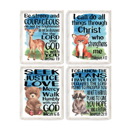 Watercolor Woodland Christian Nursery Decor Set of 4 Unframed Prints - Bear, Deer, Fox, Raccoon with Bible Verses