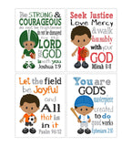 African American Sports Christian Bible Verses Nursery Little Boys Room Set of 4 Unframed Prints - Football, Baseball, Soccer and Basketball