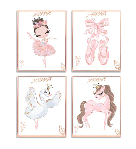 Watercolor Ballerina, Swan and Horse Pink Ballet Nursery Little Girls Room Decor Unframed Set of 4 Prints