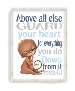 Watercolor Monkey Safari Animal Christian Nursery Decor Unframed Print Above All Else Guard Your Heart - Proverbs 4:23