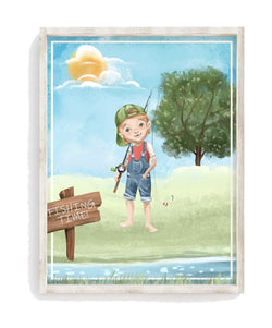 Watercolor Little Boy Fishing Nursery Little Boys Room Unframed Print, Rustic Outdoor Themed Decor