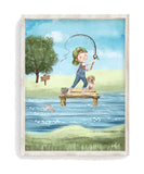 Watercolor Little Boy Fishing with Puppy Dog Nursery Little Boys Room Unframed Print, Rustic Outdoor Themed Decor