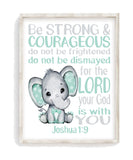 Watercolor Elephant Baby Mint Green and Gray Christian Nursery Decor Unframed Print - Be Strong and Courageous Joshua 1:9