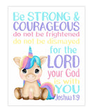 Watercolor Unicorn Baby Girl Christian Nursery Decor Unframed Print - Be Strong and Courageous Joshua 1:9