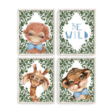 Watercolor Tropical Jungle Animal Nursery Decor Set of 4 Unframed Prints - Be Wild, Monkey, Giraffe and Tiger