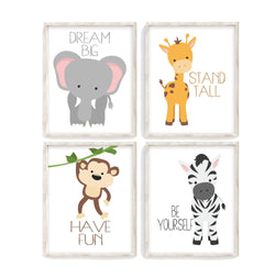 Safari Animals Nursery Decor Set of 4 Unframed Prints Elephant Dream Big, Giraffe Stand Tall, Zebra Be Yourself, Monkey Have Fun