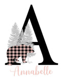 Personalized Woodland Bear Buffalo Plaid Baby Girl Nursery Decor Wall Art Print - Baby Name Letter Initial Monogram Rustic Outdoor Theme