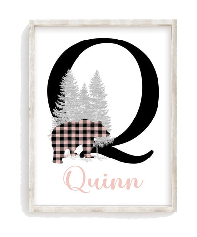 Personalized Woodland Bear Buffalo Plaid Baby Girl Nursery Decor Wall Art Print - Baby Name Letter Initial Monogram Rustic Outdoor Theme