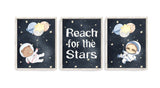 Reach for the Stars Watercolor Sloth and Bear Astronaut Animals Outer Space Nursery Decor Set of 3 Unframed Prints