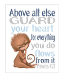 Watercolor Monkey Safari Animal Christian Nursery Decor Unframed Print Above All Else Guard Your Heart - Proverbs 4:23