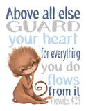 Watercolor Monkey Safari Animal Christian Nursery Decor Unframed Print Above All Else Guard Your Heart - Proverbs 4:23