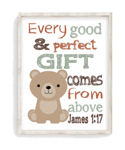 Bear Woodland Animal Christian Nursery Decor Unframed Print Every Good and Perfect Gift Comes From Above - James 1:17
