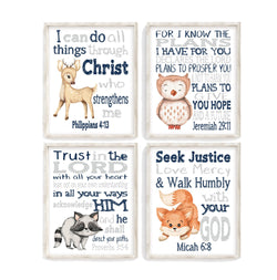 Watercolor Woodland Navy Blue and Gray Christian Nursery Decor Set of 4 Unframed Prints - Deer, Fox, Owl and Raccoon with Bible Verses