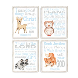 Watercolor Woodland Baby Blue and Gray Christian Nursery Decor Set of 4 Unframed Prints - Deer, Fox, Owl and Raccoon with Bible Verses