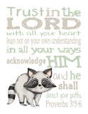 Watercolor Woodland Sage Green and Brown Christian Nursery Decor Set of 4 Unframed Prints - Deer, Fox, Owl and Raccoon with Bible Verses