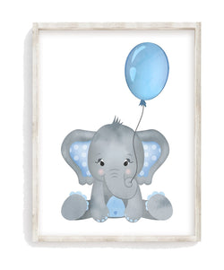 Watercolor Baby Elephant with Blue Balloon Nursery Decor Unframed Print
