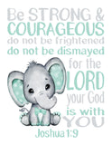 Watercolor Elephant Baby Mint Green and Gray Christian Nursery Decor Unframed Print - Be Strong and Courageous Joshua 1:9