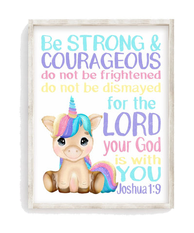 Watercolor Unicorn Baby Girl Christian Nursery Decor Unframed Print - Be Strong and Courageous Joshua 1:9