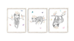 Watercolor Baby Sloth in Blush Pink with Butterflies Nursery Art Decor Set of 3 Unframed Prints