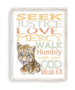 Leopard Safari Jungle Animal Christian Bible Verse Nursery Decor Unframed Print Seek Justice Love Mercy Walk Humbly With Your God Micah 6:8