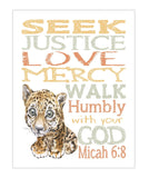 Leopard Safari Jungle Animal Christian Bible Verse Nursery Decor Unframed Print Seek Justice Love Mercy Walk Humbly With Your God Micah 6:8