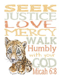 Leopard Safari Jungle Animal Christian Bible Verse Nursery Decor Unframed Print Seek Justice Love Mercy Walk Humbly With Your God Micah 6:8