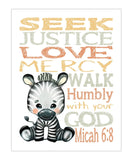 Zebra Safari Jungle Animal Christian Bible Verse Nursery Decor Unframed Print Seek Justice Love Mercy Walk Humbly With Your God Micah 6:8