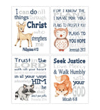 Watercolor Woodland Navy Blue and Gray Christian Nursery Decor Set of 4 Unframed Prints - Deer, Fox, Owl and Raccoon with Bible Verses