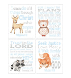 Watercolor Woodland Baby Blue and Gray Christian Nursery Decor Set of 4 Unframed Prints - Deer, Fox, Owl and Raccoon with Bible Verses