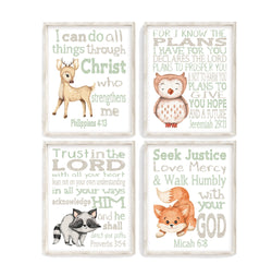 Watercolor Woodland Sage Green and Brown Christian Nursery Decor Set of 4 Unframed Prints - Deer, Fox, Owl and Raccoon with Bible Verses