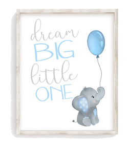 Watercolor Baby Elephant Nursery Decor Unframed Print - Dream Big Little One, Elephant with Blue Balloon