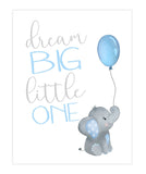 Watercolor Baby Elephant Nursery Decor Unframed Print - Dream Big Little One, Elephant with Blue Balloon